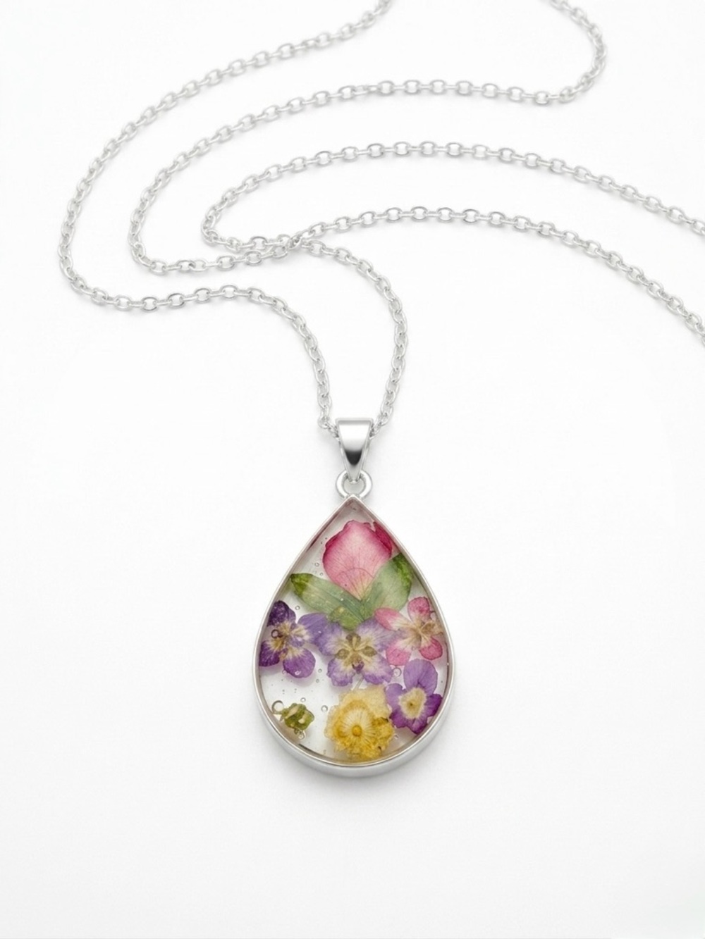 Taxco Mexico Real Pressed Flower Teardrop Necklace Silver Plate NIB Mother's Day - Picture 5 of 5